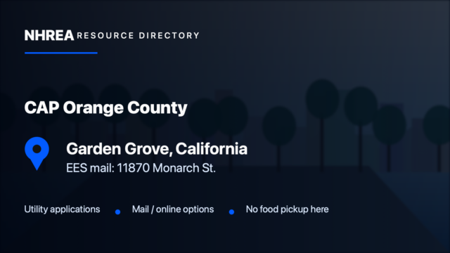 CAP Orange County — Garden Grove, California. Utility applications by mail or online; no food pickup at this office.