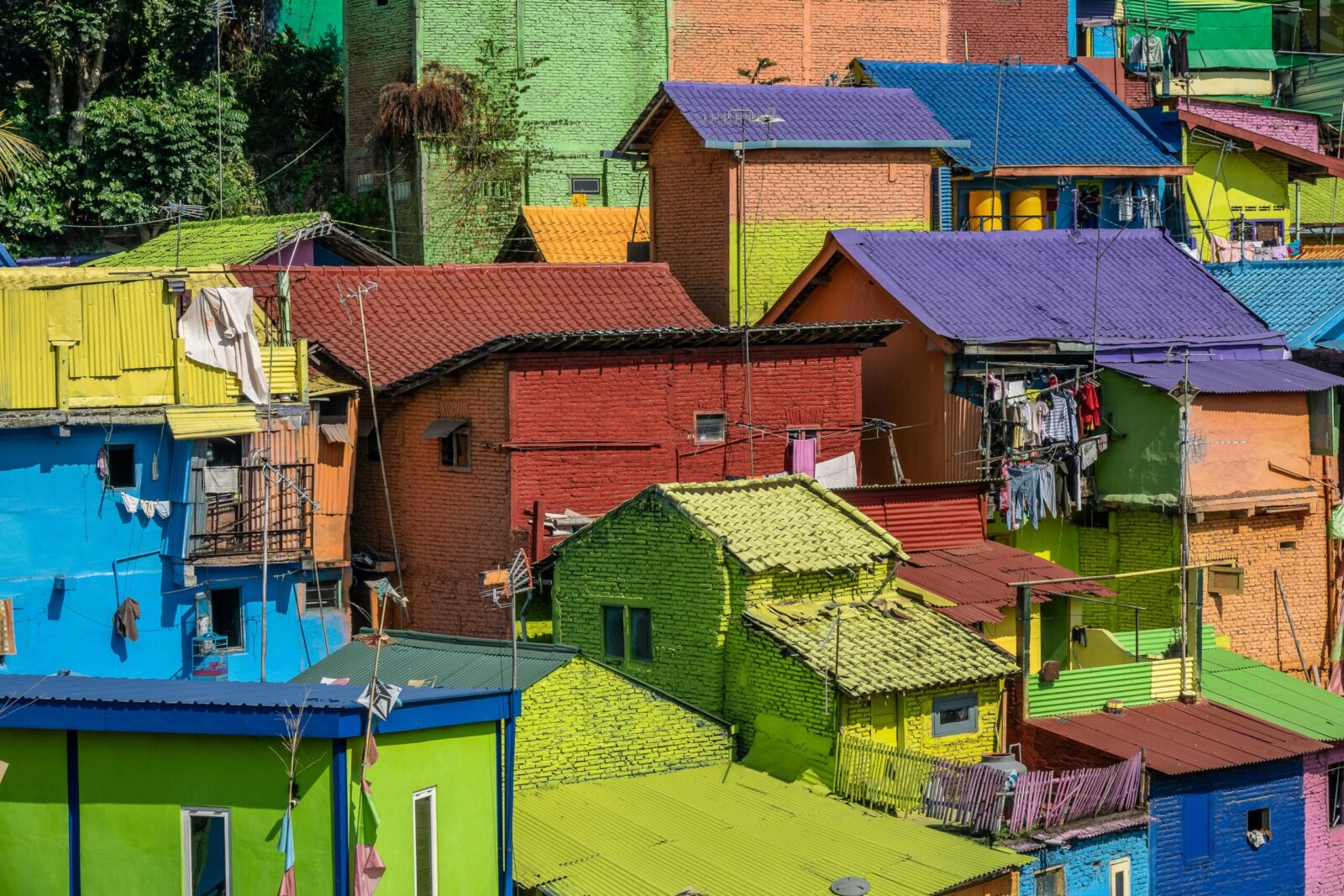 A vivid capture of colorful houses in a dense residential district showcasing bright, lively hues.