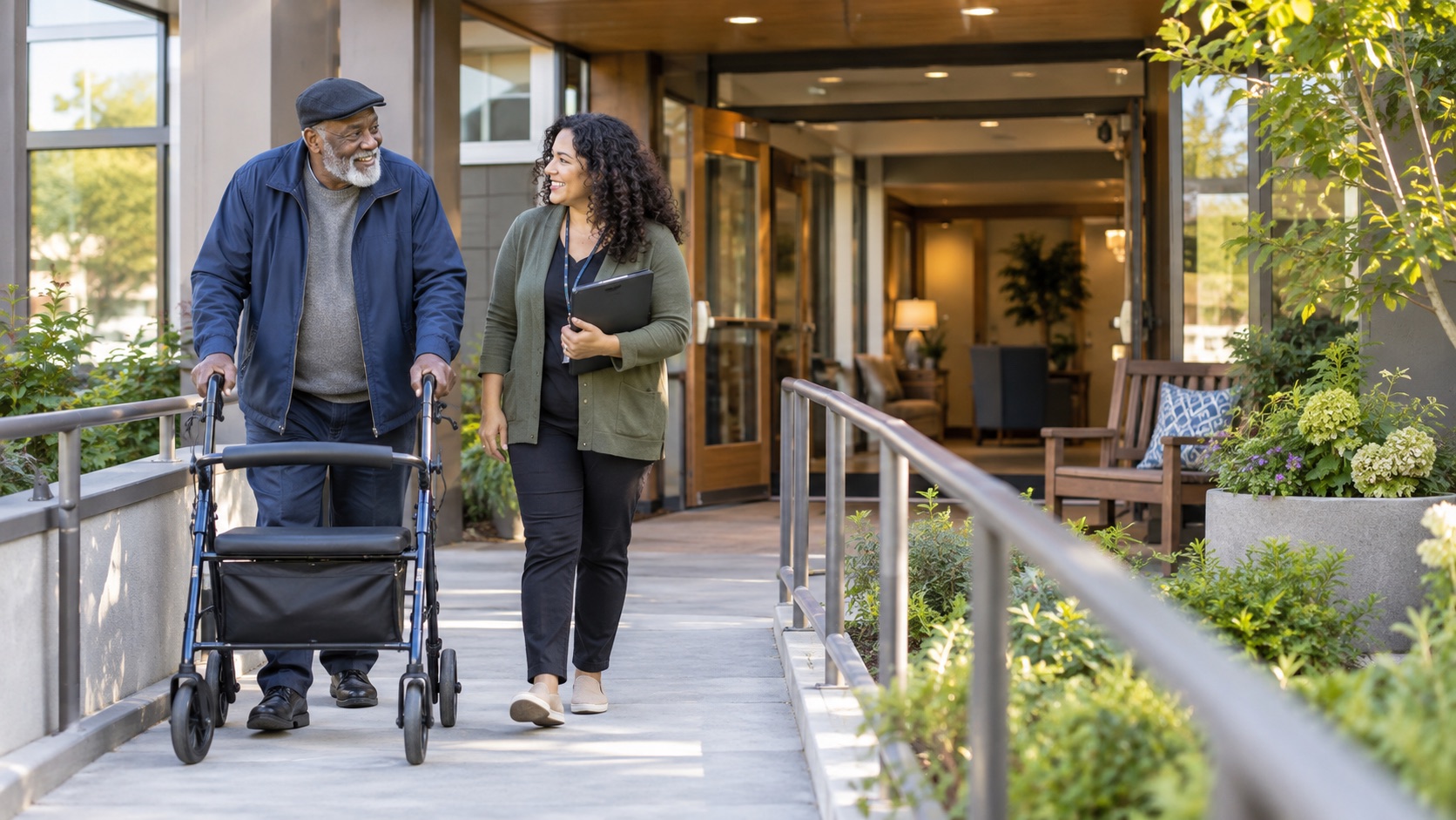 Older adult using a walker with a housing navigator at an accessible supportive housing entrance.