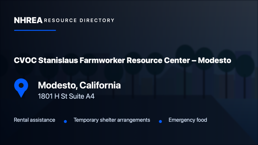 CVOC Stanislaus Farmworker Resource Center – Modesto — Modesto, California. NHREA resource directory card.
