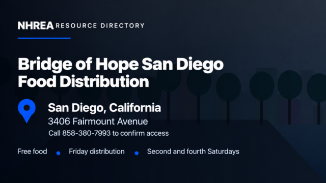 NHREA resource card for Bridge of Hope San Diego Food Distribution at3406 Fairmount Avenue, with Friday distribution, second and fourth Saturdays, and phone858-380-7993.