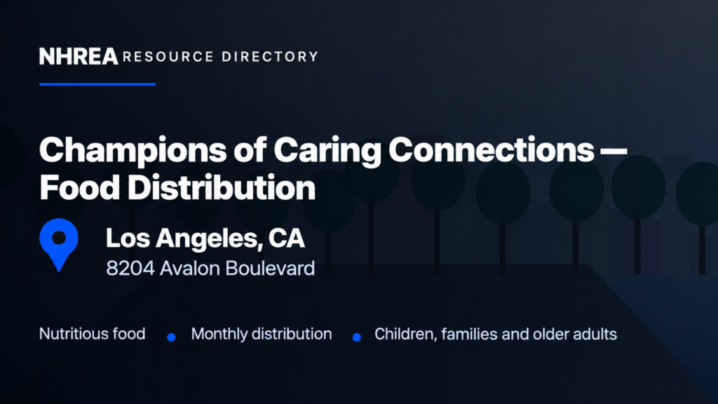 Champions of Caring Connections monthly food distribution at 8204 Avalon Boulevard, Los Angeles.