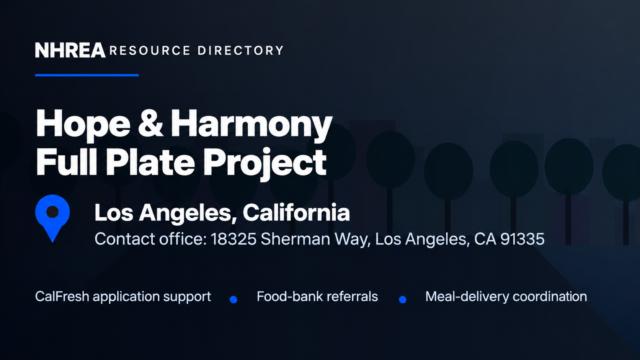 NHREA Full Plate Project food-resource coordination listing for Hope & Harmony, Los Angeles contact office.