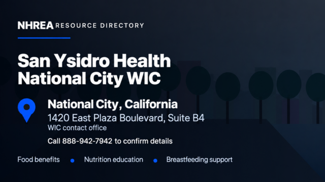 NHREA listing for San Ysidro Health National City WIC contact office at 1420 East Plaza Boulevard, Suite B4.