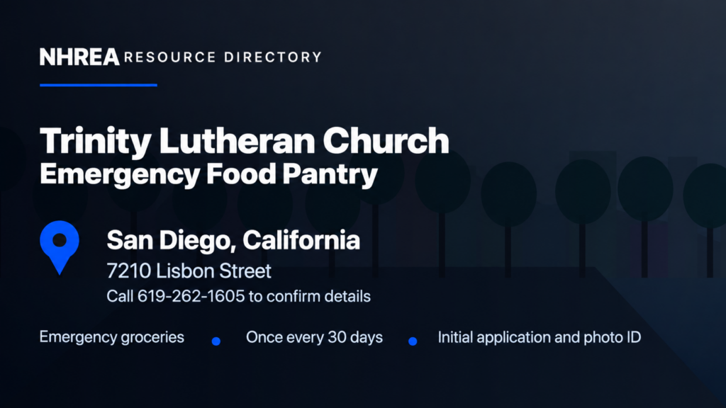 NHREA resource card for Trinity Lutheran Church Emergency Food Pantry in San Diego, with monthly access, initial application and photo ID, and pantry phone 619-262-1605.